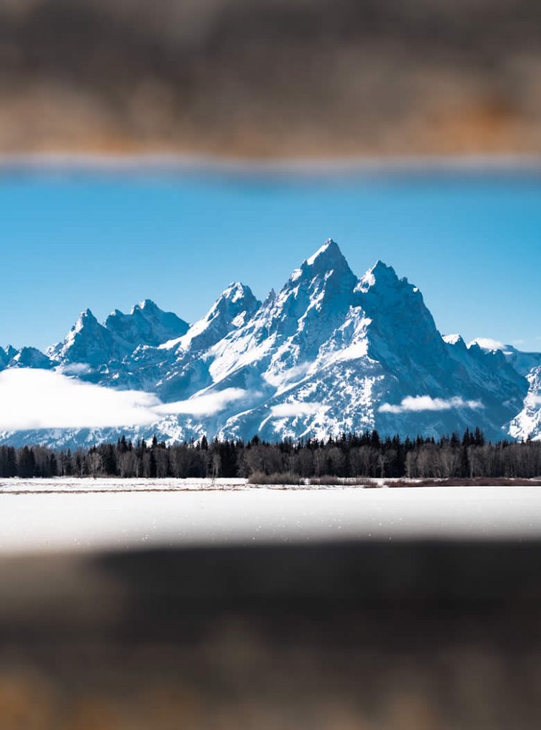 snow capped grand tetons on a winter wildlife tour