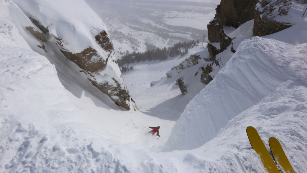 skiing corbets couloir in jackson hole during the winter