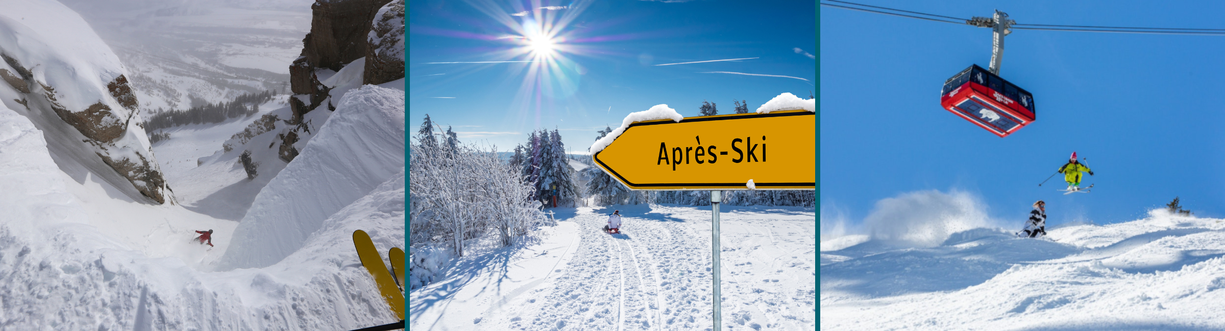 collage of skiing in jackson hole with an apres-ski sign in the middle